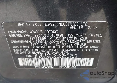 2014 Subaru Xv Crosstrek 2.0I Premium z USA, uszkodzony, nr VIN JF2GPACC8E8259299